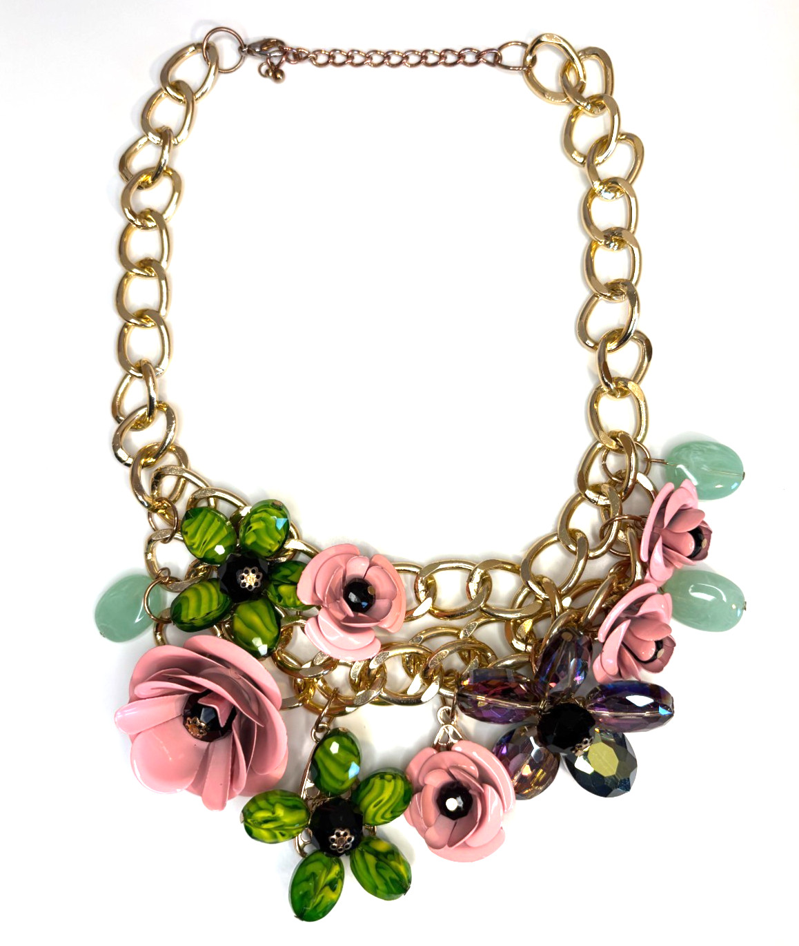 Unique Spring Statement Pink, Green, Purple Flowers Metal & Resin Necklace