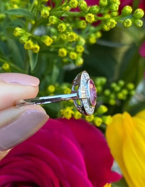Art Deco Style Oval Pink Sapphire and Lab Created Diamond 14K White Gold FN Ring