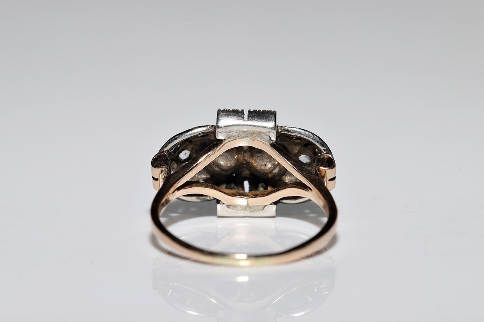 Antique Circa 1900s 14k Gold Top Silver Natural Rose Cut Diamond Decorated Ring