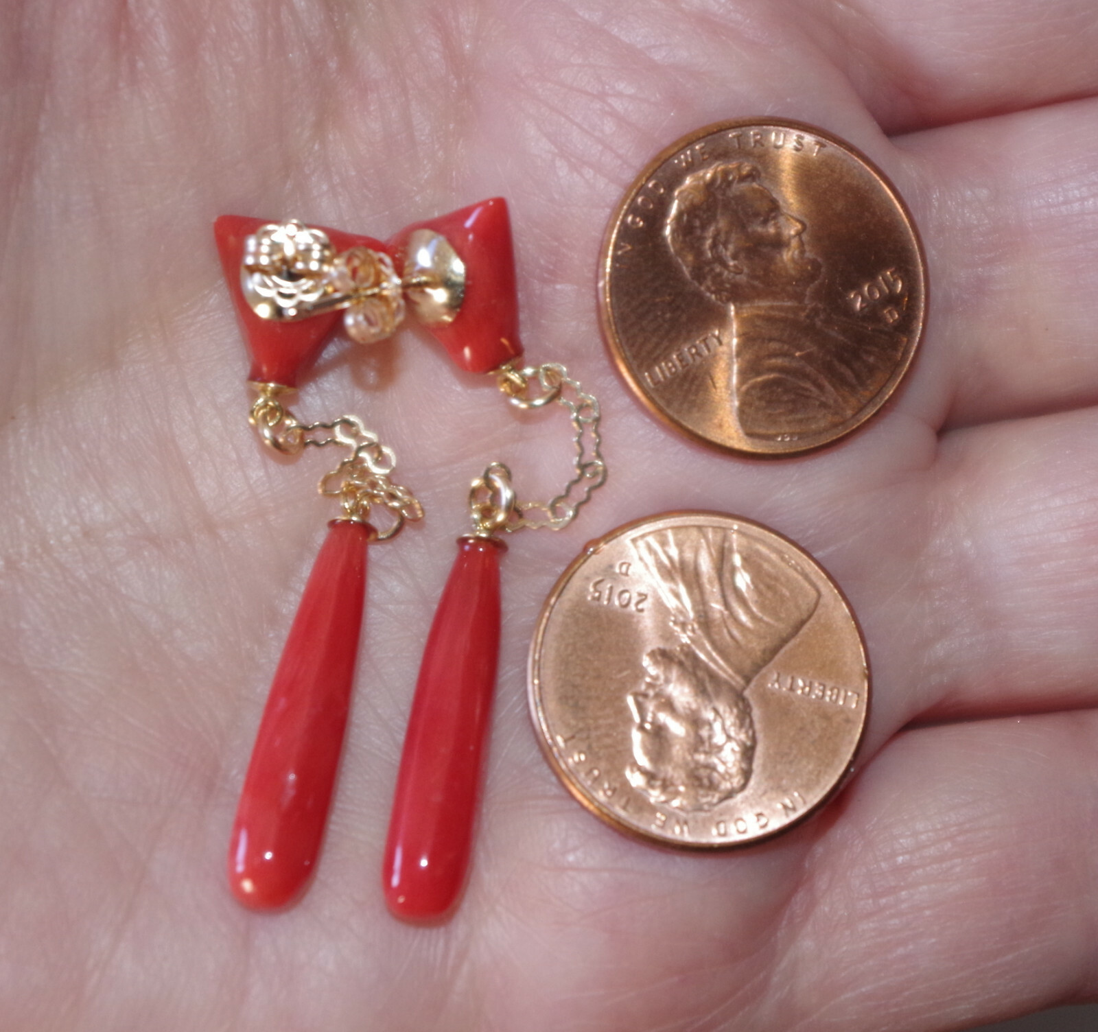 14K 52MM Ox Red Italian Triangular Stud Coral Teardrop Earrings Made to Order