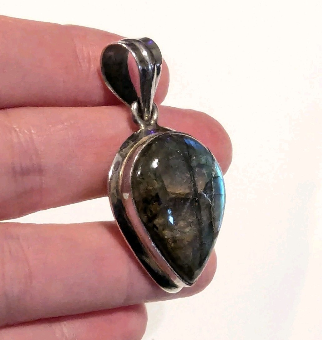 Vintage 925 Silver Abalone Shell Pendant Mother Pearl Statement Boho READ