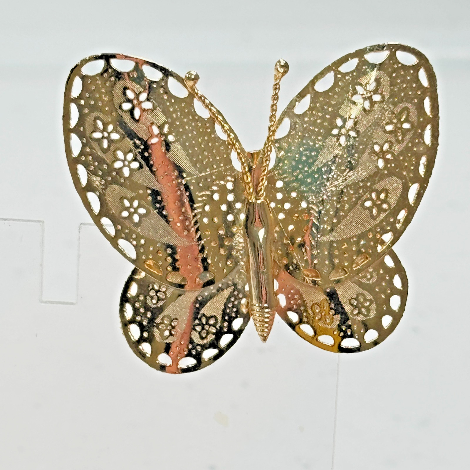 Vintage Brooch Butterfly Gold Tone Openwork Filigree Floral Lacy Cutout Pin