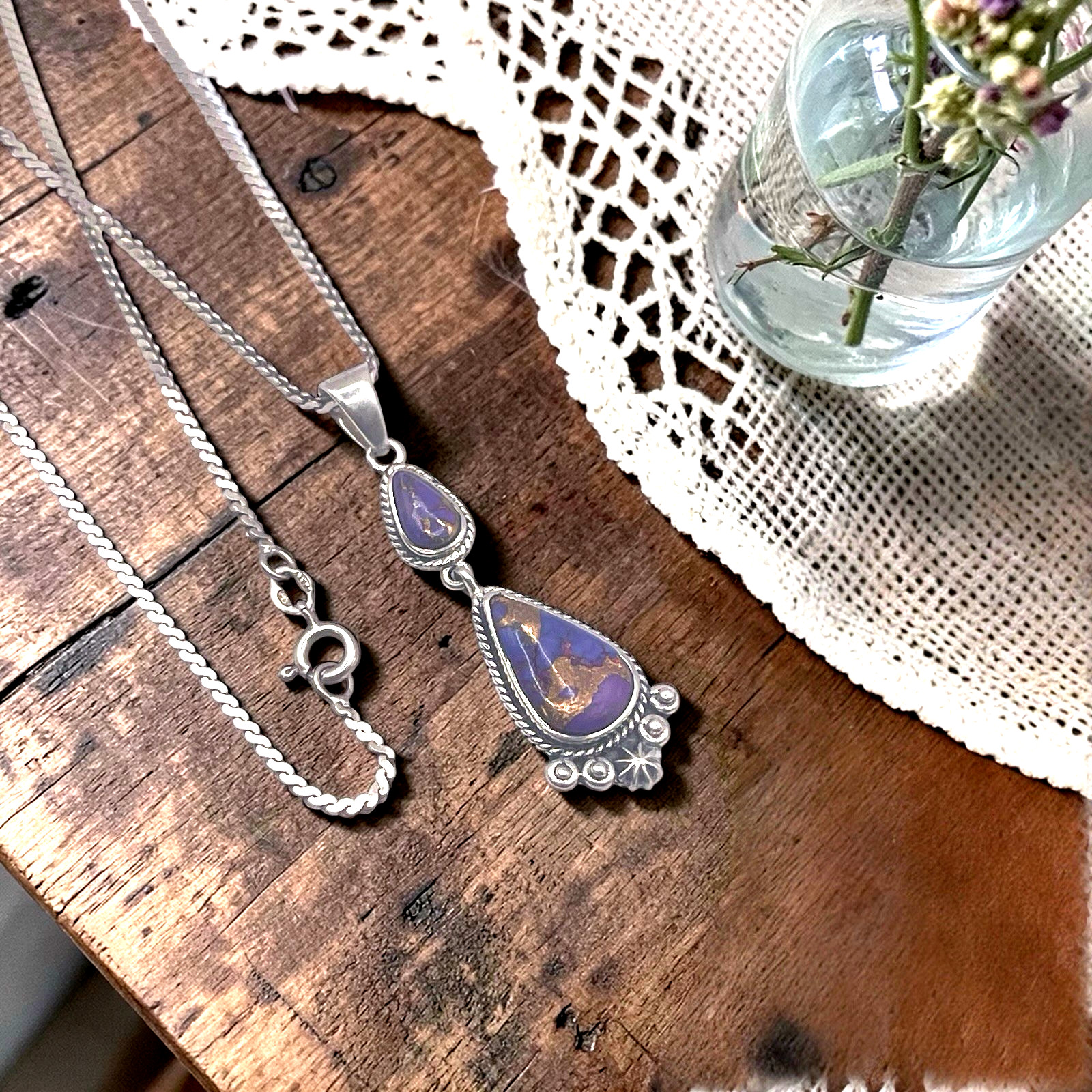 T Philippines Ornate 925 Sterling Copper Purple Gemstone Pendant Necklace, 16.5″