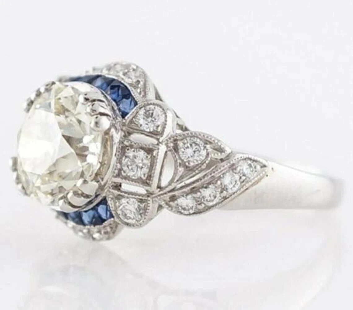 4.2Ct Art Deco Style Lab-Created Diamond Sapphire Wedding 14k White Gold FN Ring
