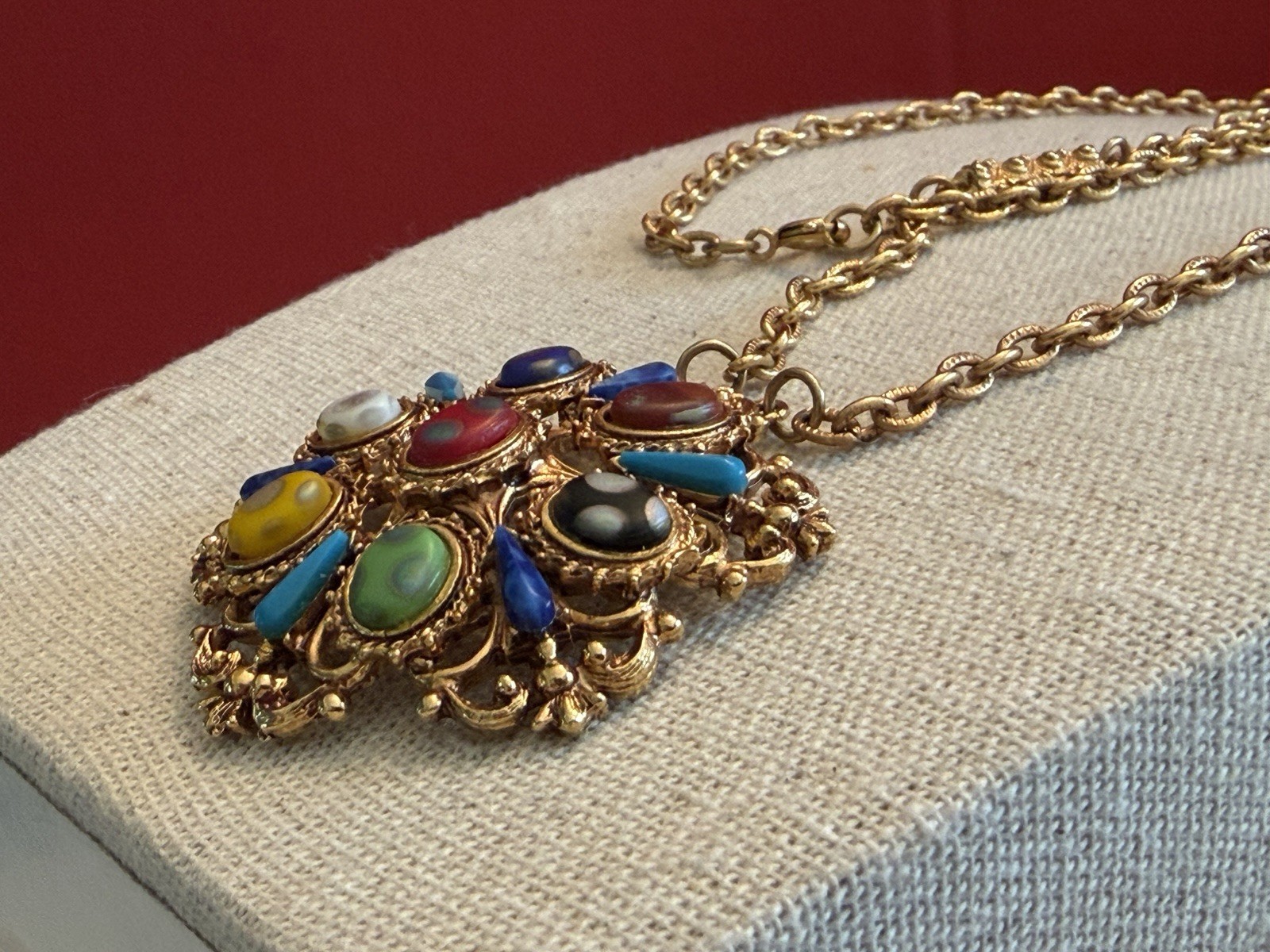 Vtg. Florenza Ornate Gold Tone Multi Color Cabochon Pendant Necklace 24” BinR