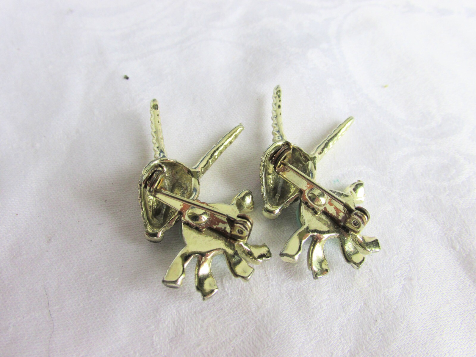 Vintage Weird Antelope Creatures Lapel Pins Aqua Glass Bellies Red Rhinestones