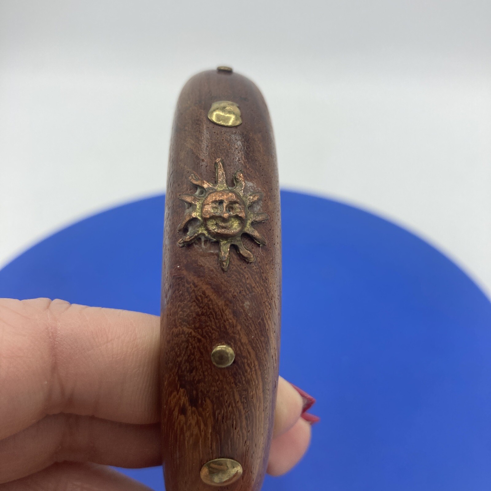 Vtg Wood Cuff Bangle Bracelet Brass Sun & Studs Celestial Boho Whimsigoth 5.5”