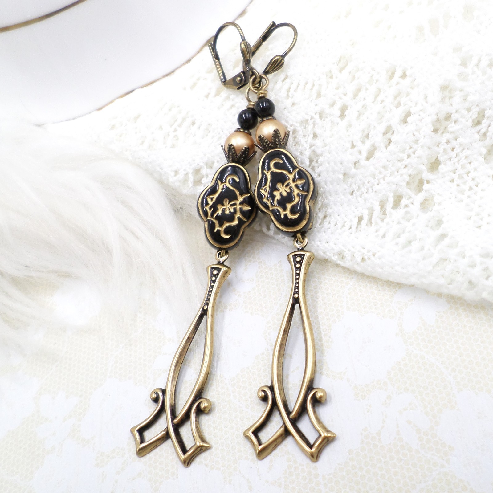 Antique Brass Dangle Earrings Black Gold Floral Acrylic Beaded Victorian Jewelry