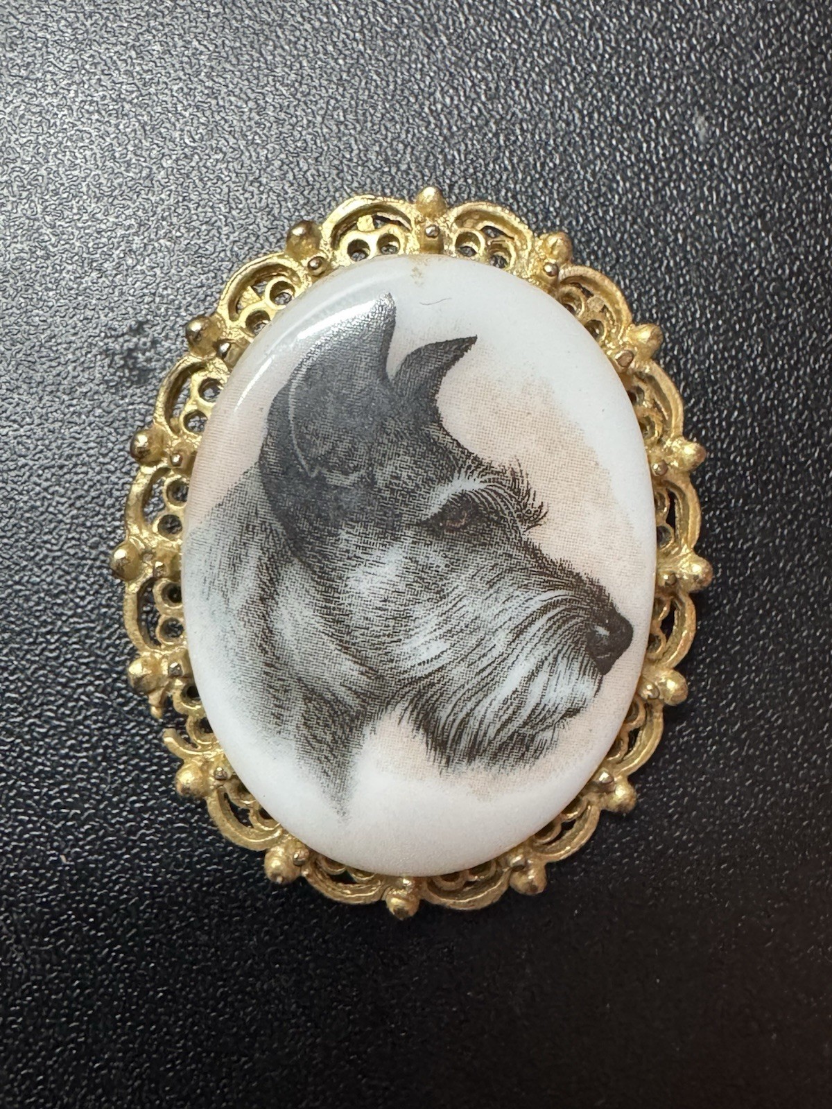 Vintage Painted Porcelain Schnauzer Dog Cameo Brooch W/ Gold Brass Ornate Frame