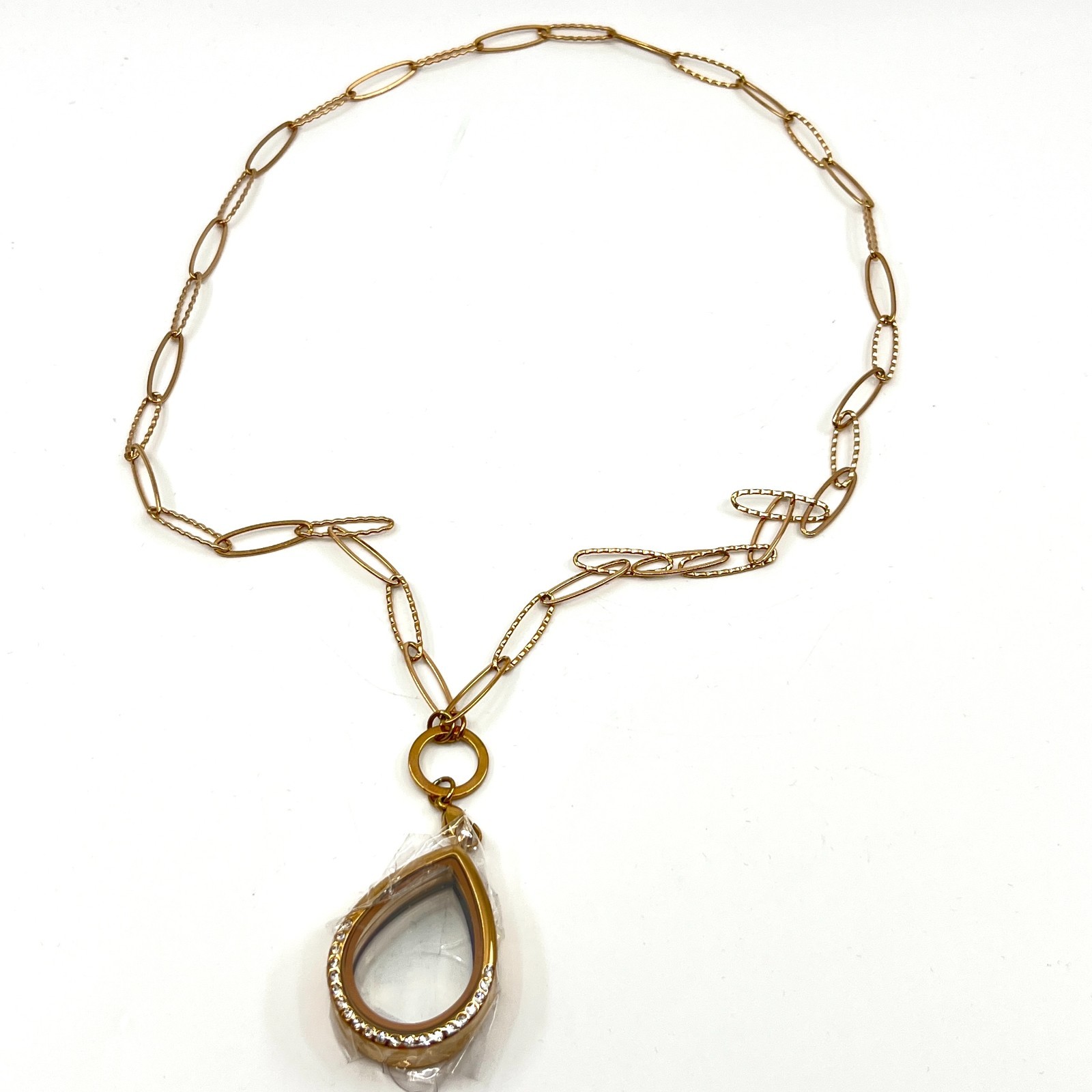 VTG Gold Tone Teardrop Floating Locket Necklace Crystal Accent Paperclip Chain