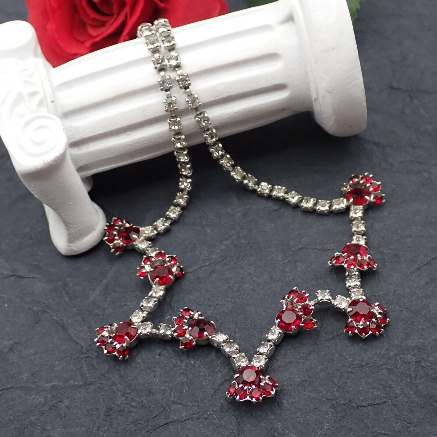 Vintage Red Clear Rhinestone Cluster Drop 16″ Adj Swag Necklace