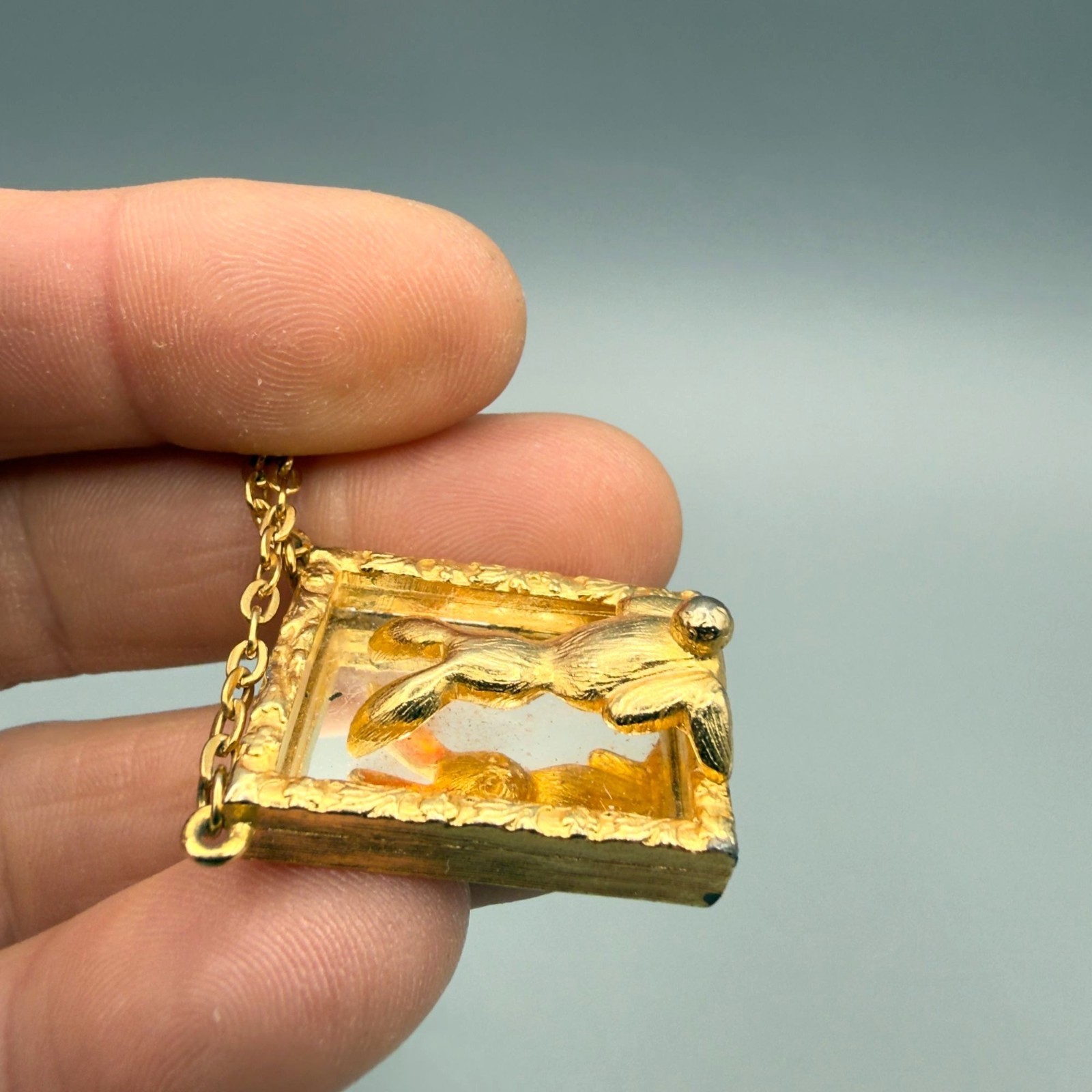 Vintage JJ Rabbit Looking In The Mirror Gold Tone Necklace Easter Spring 16″