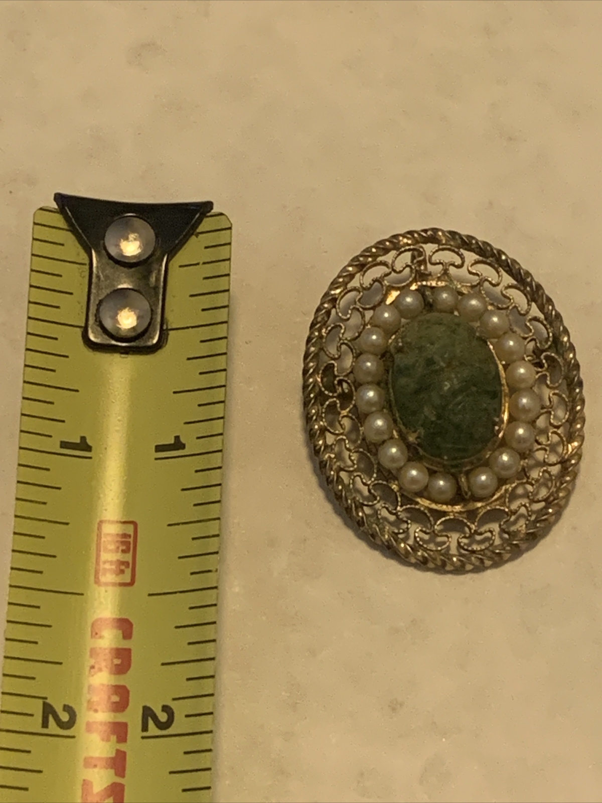Signed Burt Cassell 1/20th 12k Yellow Gold Filled Jade Filagree Brooch Pendant