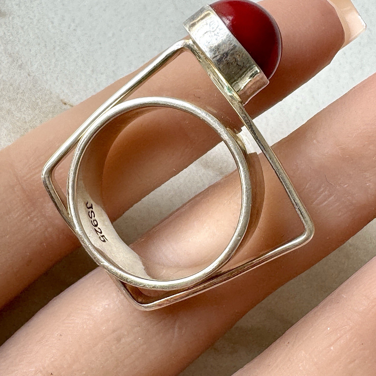 Red Index Finger Modernist Ring Square Geometric SZ 9 Signed Sterling Silver 925