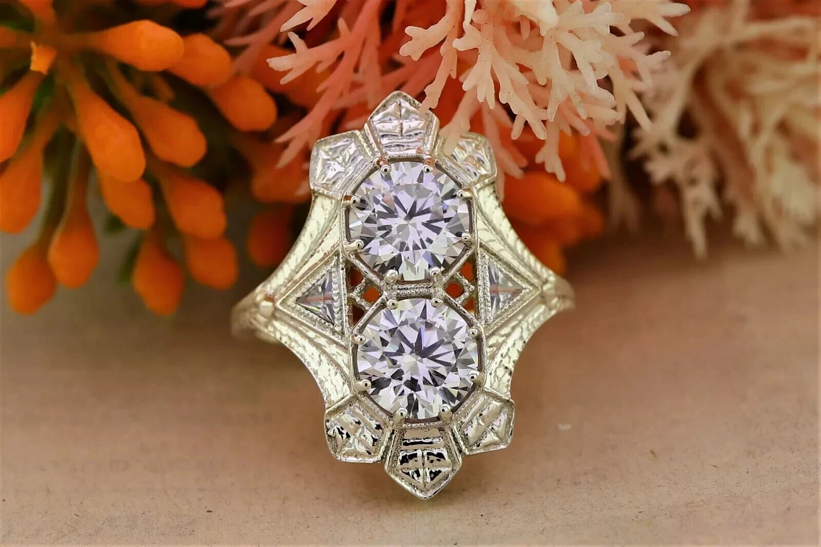 Art Deco Round Lab Created Diamond Two-Stone 14K White Gold FN Engagement Ring