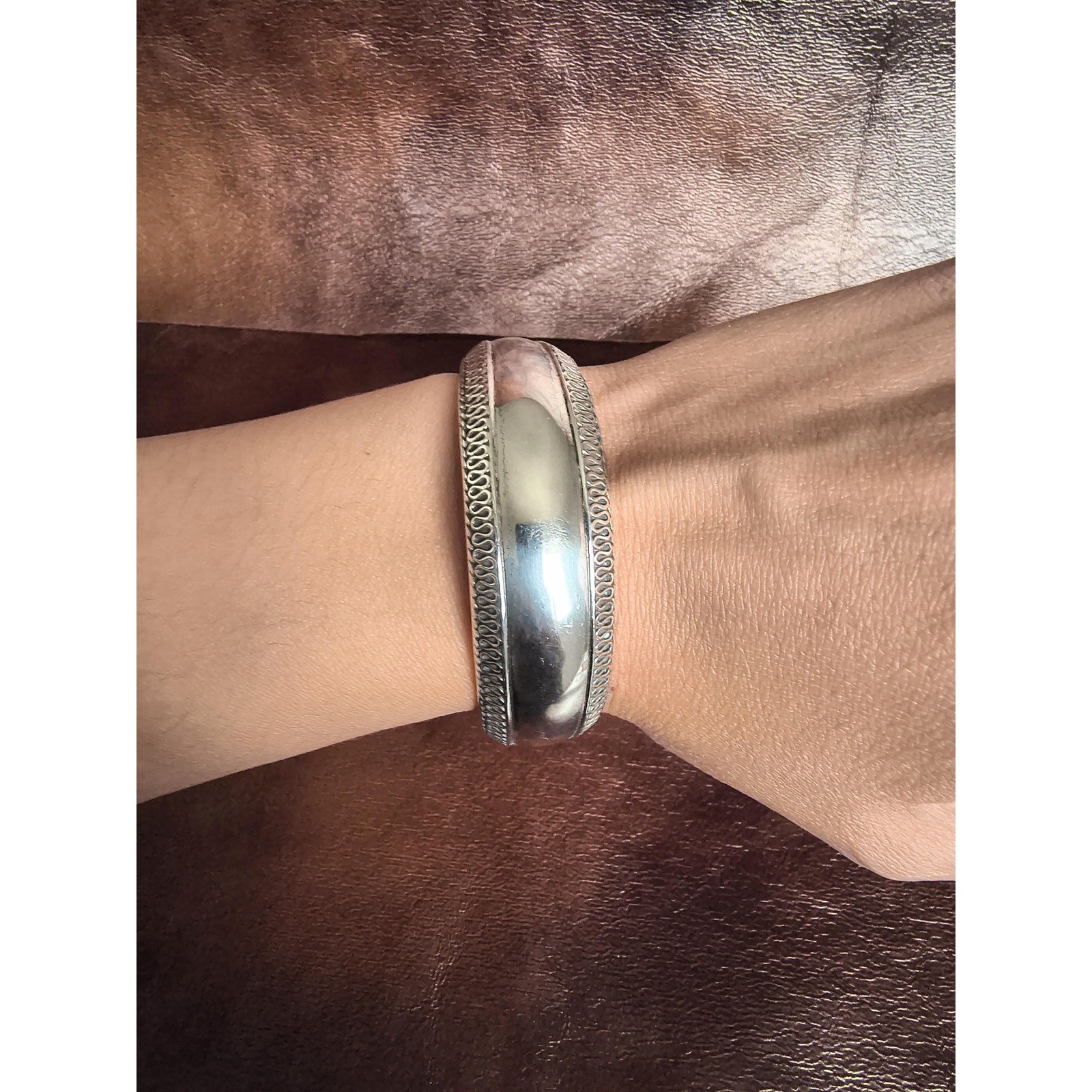 Vintage Sterling Silver 925 Wide Cuff Bracelet Rattles Textured Border 6.75″