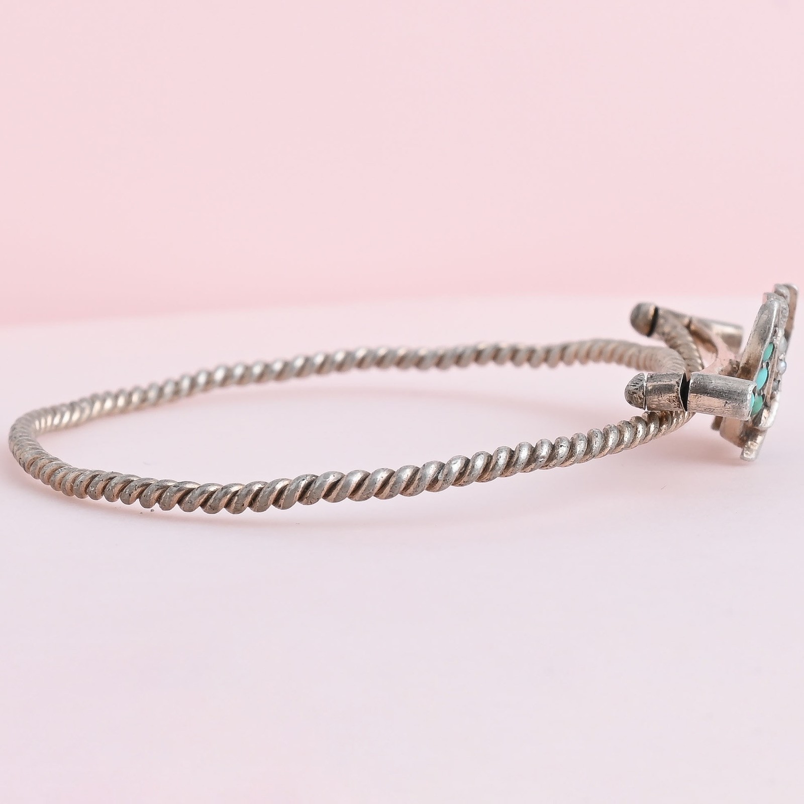 Antique Victorian Crescent Moon Swallow Bird Turquoise Sterling Silver Bracelet