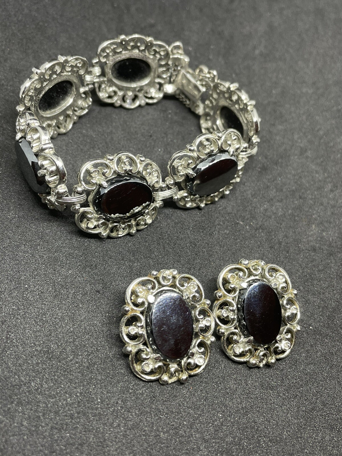Vintage set clip on earrings/bracelet Silver Tone Dark Grey Stone Security Chain