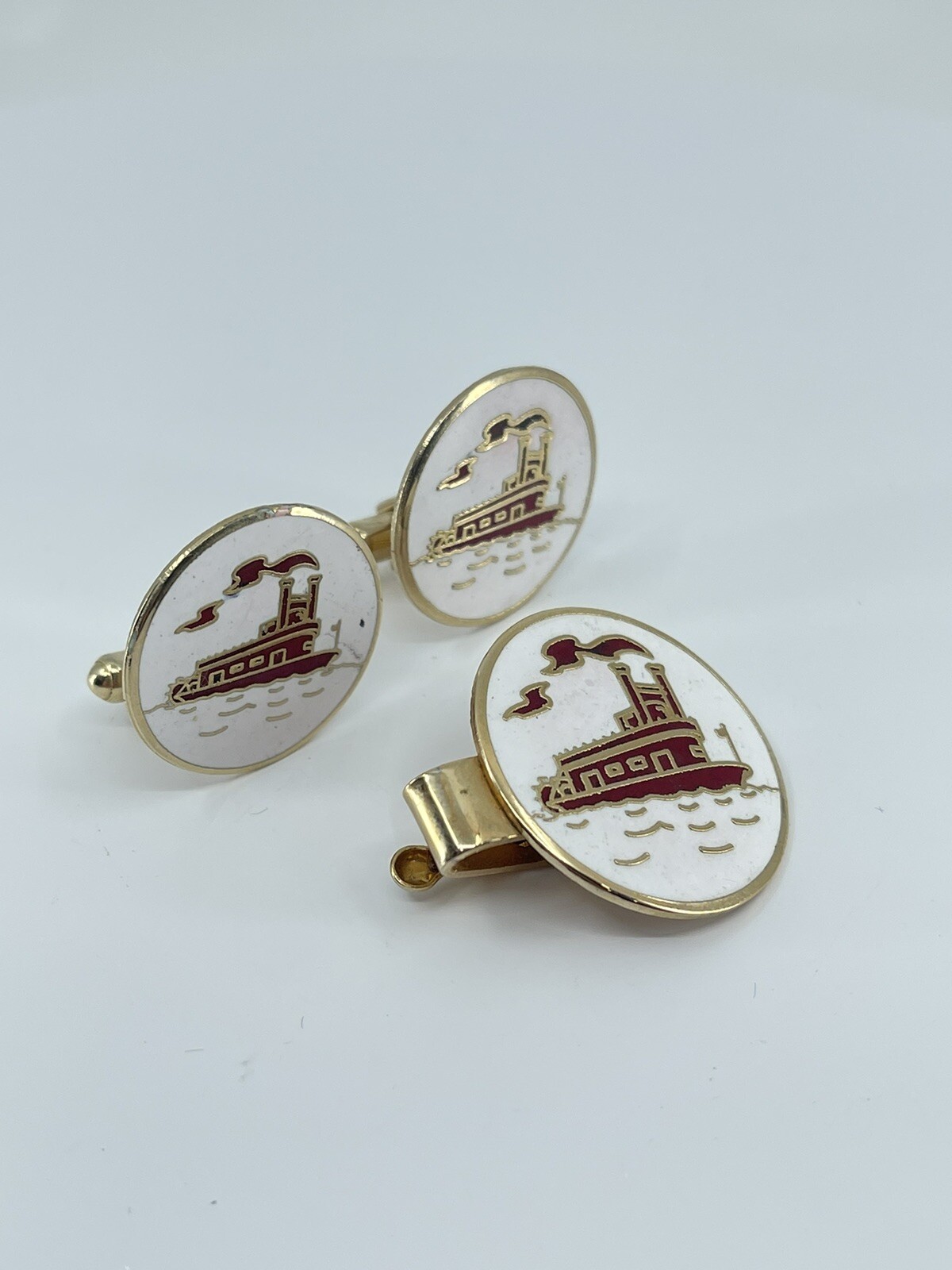 Mr Tara River boat cufflinks and tie clip set red gold white enamel 1″