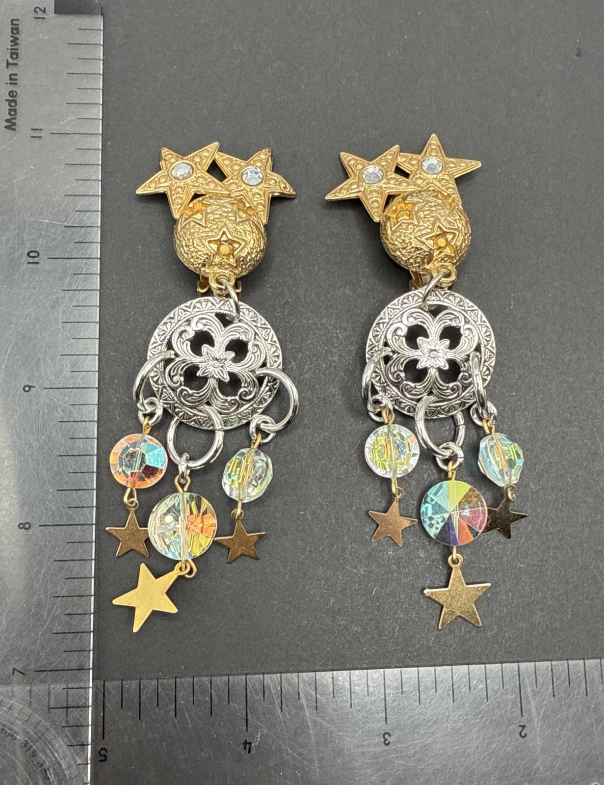 Kirks Folly Signed Silver Gold Tone Dangle Stars Moon Crystal Earrings C81