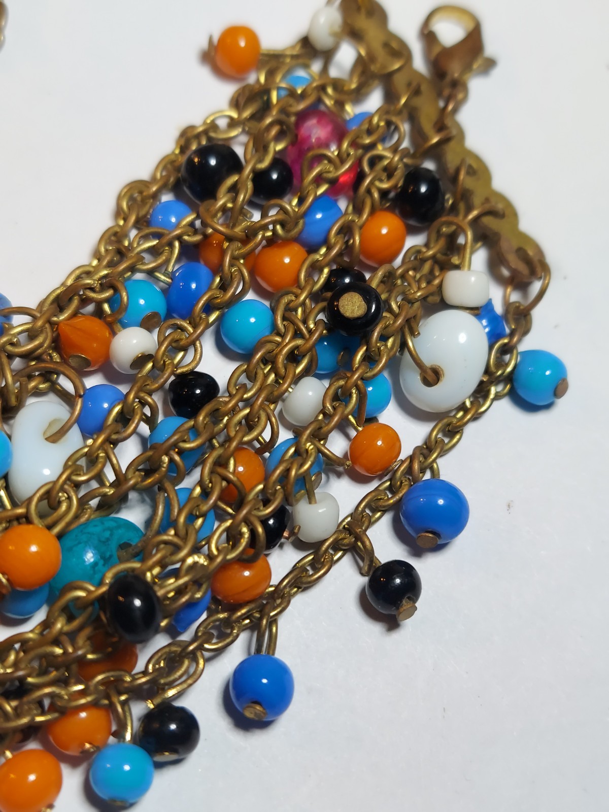 Vintage Tanjore India 7 Stand Multicolor Glass Beaded Bracelet Gold Tone 7″