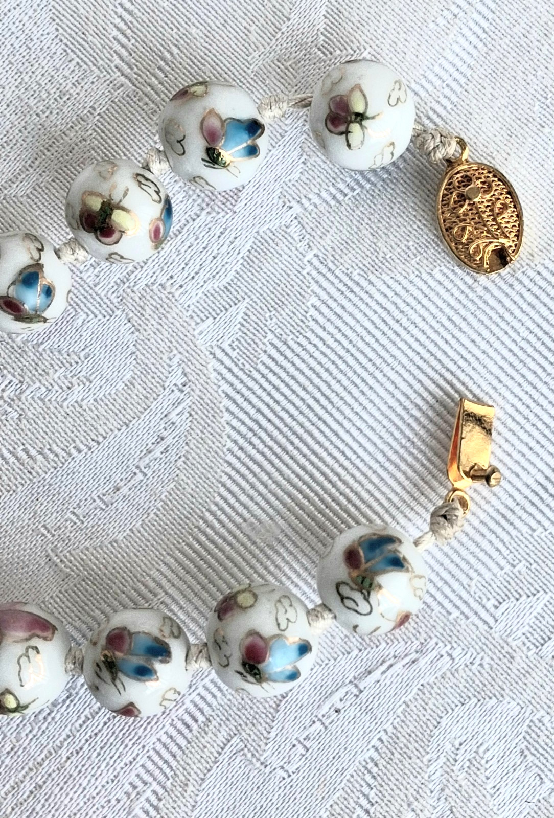 Vtg Cloisonne enamel Knotted butterfly design Gold Beads Wedding Necklace 24 in