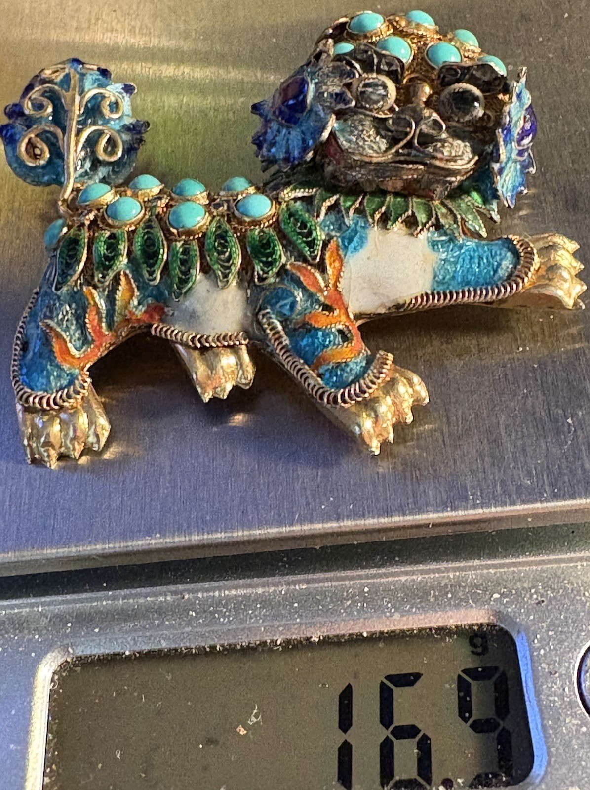 Antique Chinese Silver Gilt Enamel Vermeil Filagree Foo Fu Dog Lion Brooch Pin