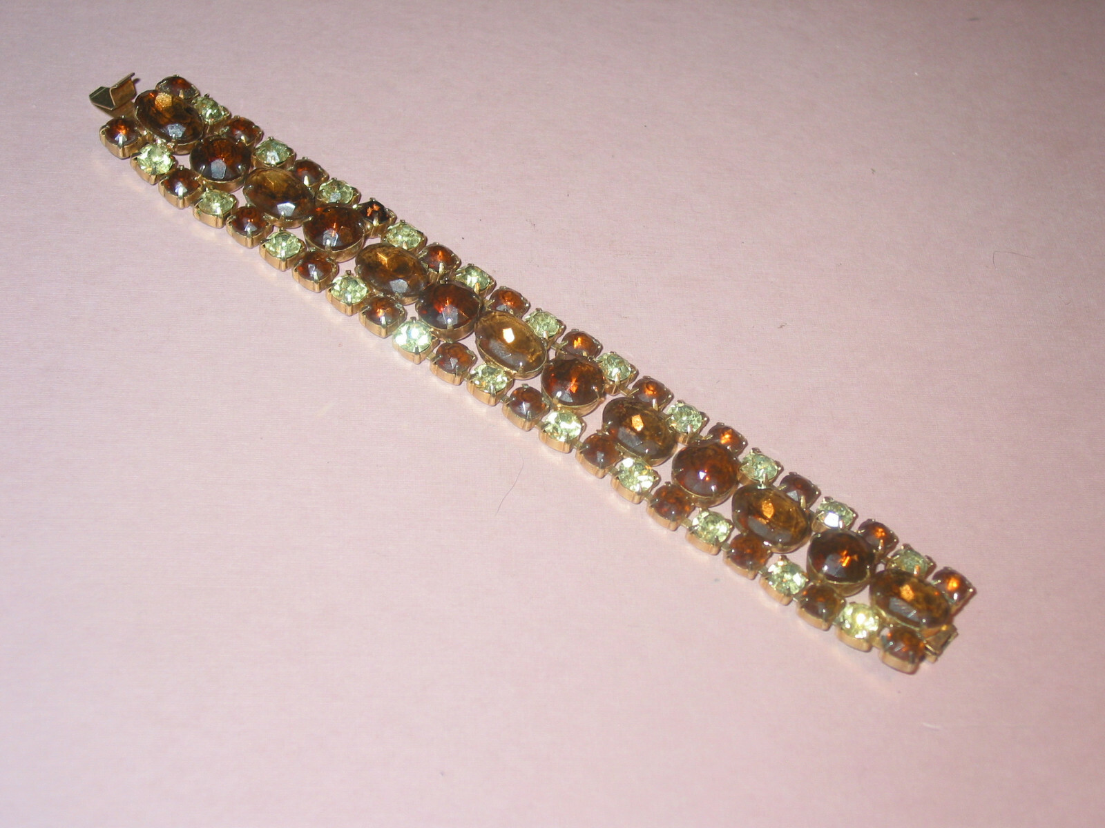 Vintage Rhinestone Wide Bracelet With Faceted Yellow Round And Oval Stones