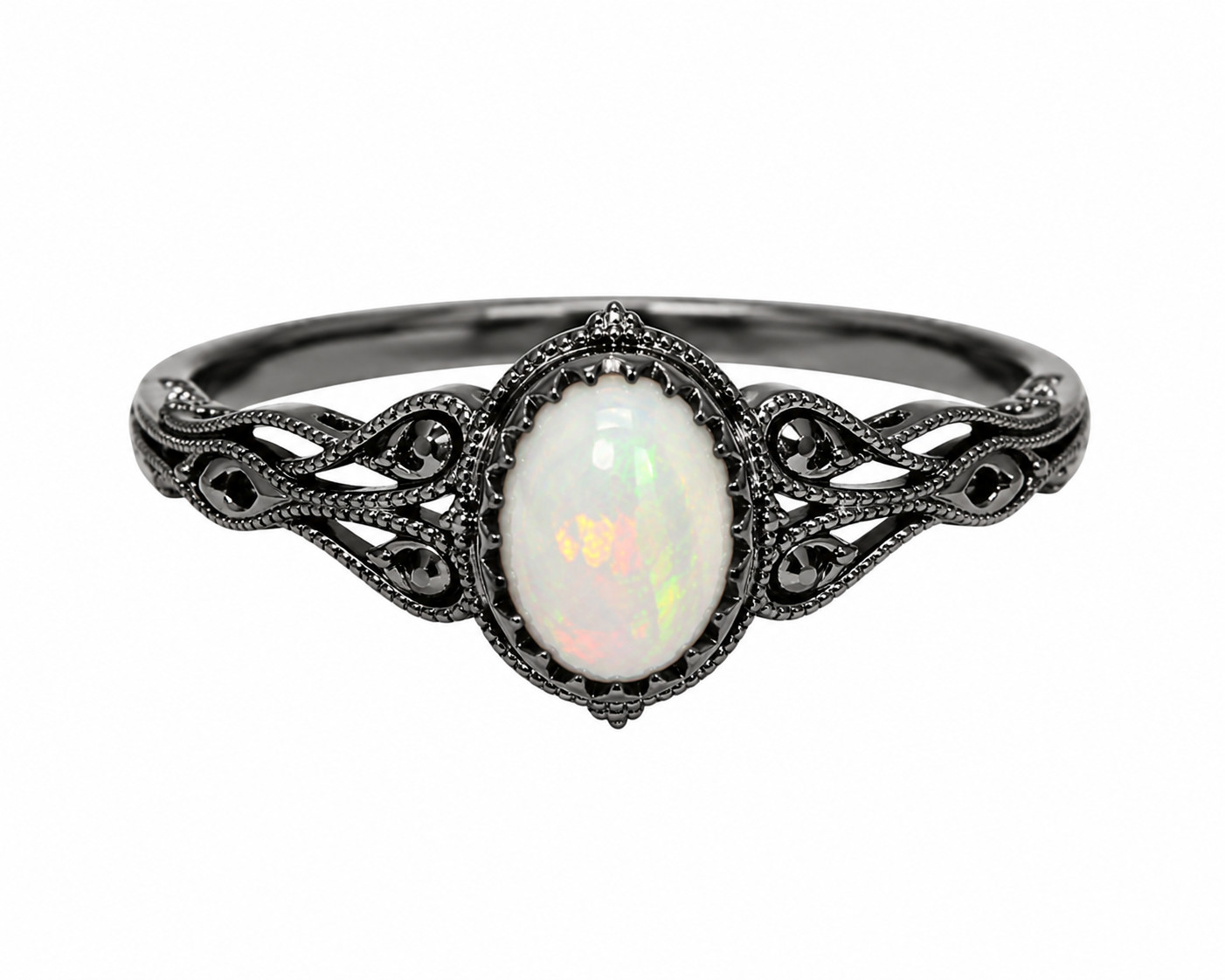 Vintage Ethiopian Opal Ring Black Rhodium 925 Sterling Silver Antique Engraved