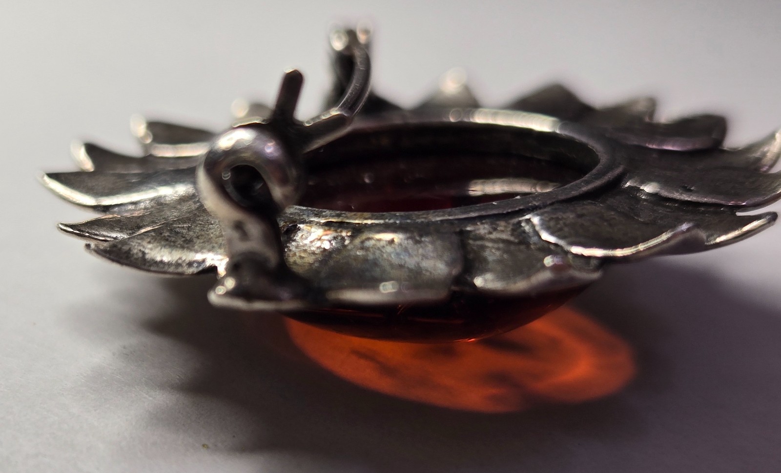Vintage Brown Natural Amber Pin Brooch, Sunflower-Shape, Sterling Silver, Latvia