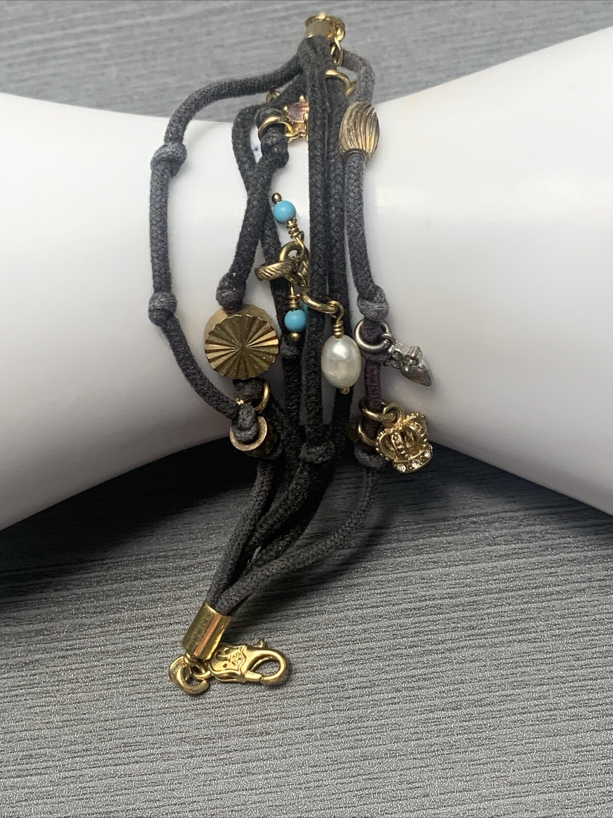 Vintage Juicy Couture Charm Pearl Bracelet Black Cotton, Multi Strand 6.5-7.5”