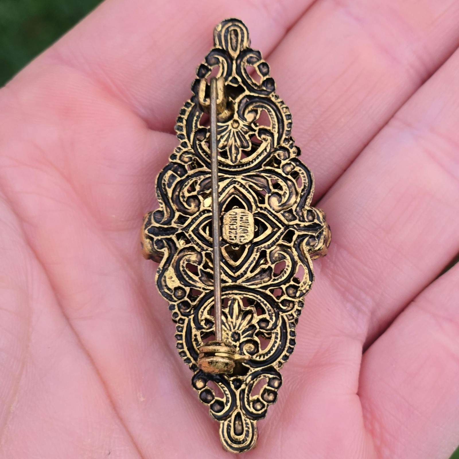 Antique Brooch Czech Glass Brass Filigree Pin Ruby Red Purple Czechoslovakia