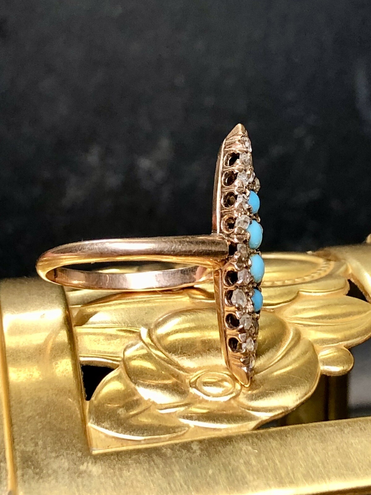 Antique Victorian 14K Rose Gold Turquoise Rose Cut Diamond Navette Ring Sz 5.5