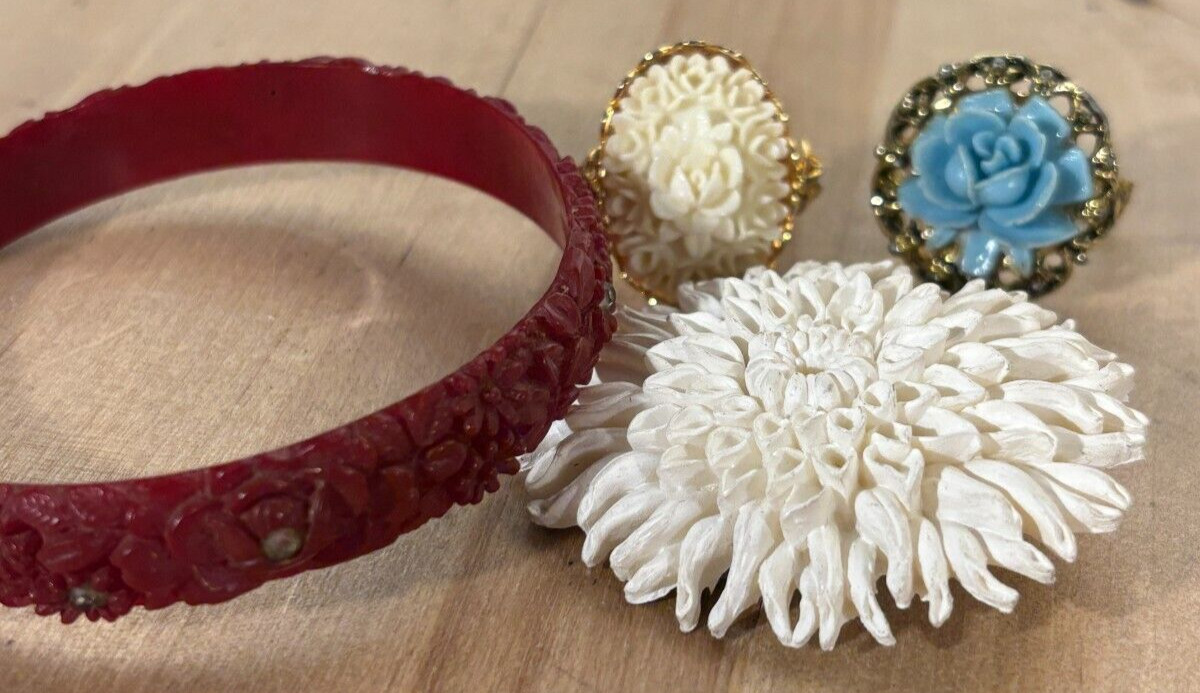 Mixed Carved and Molded Celluloid and Other Vtg Jewelry, Rings, Bracelet Sz 8