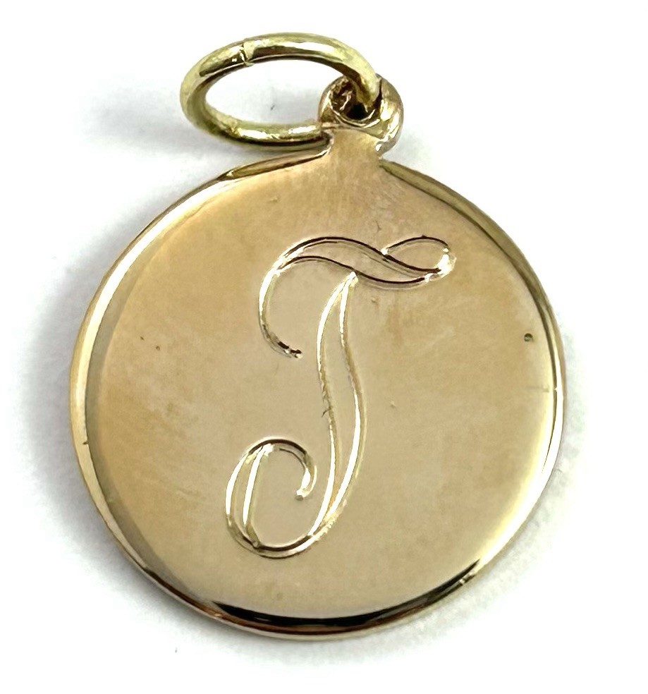 Vintage Initial T Charm Dainty Pendant Etched Gold Plated Metal Vintage Jewelry