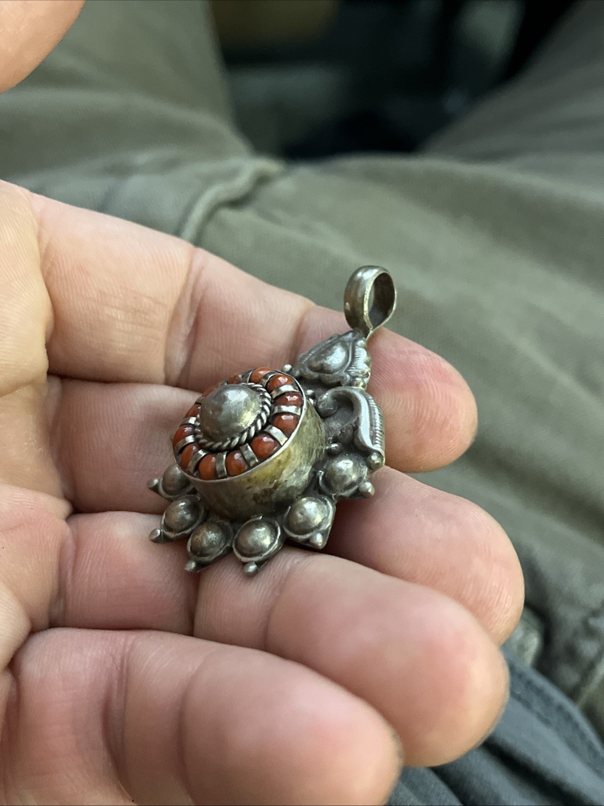 Antique Sterling 925 Silver Pendant Red Coral 2” 15.1g Native American Navajo