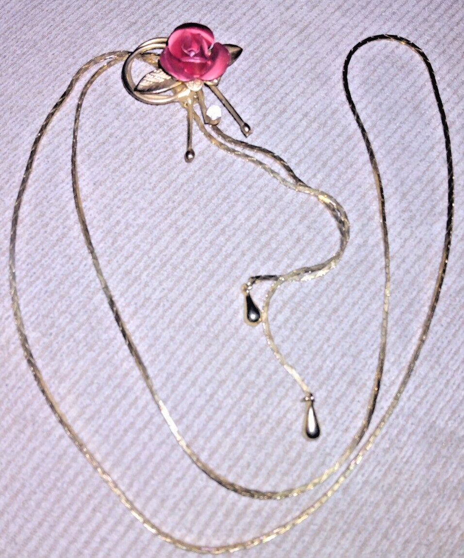 VINTAGE GOLD TONE? FILLED?PLATED? LARIAT NECKLACE RED ROSE SLIDE 60s ORIG ESTATE