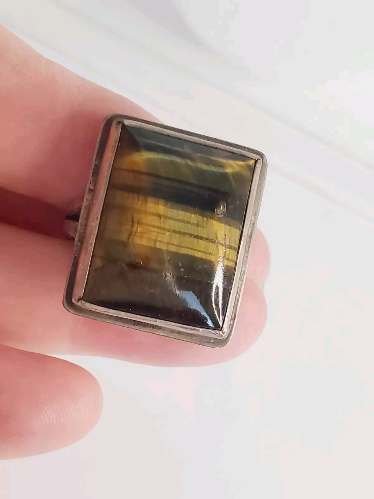 Beautiful VTG Sterling Silver with Rectangle Tiger’s Eye Ring – Adjustable
