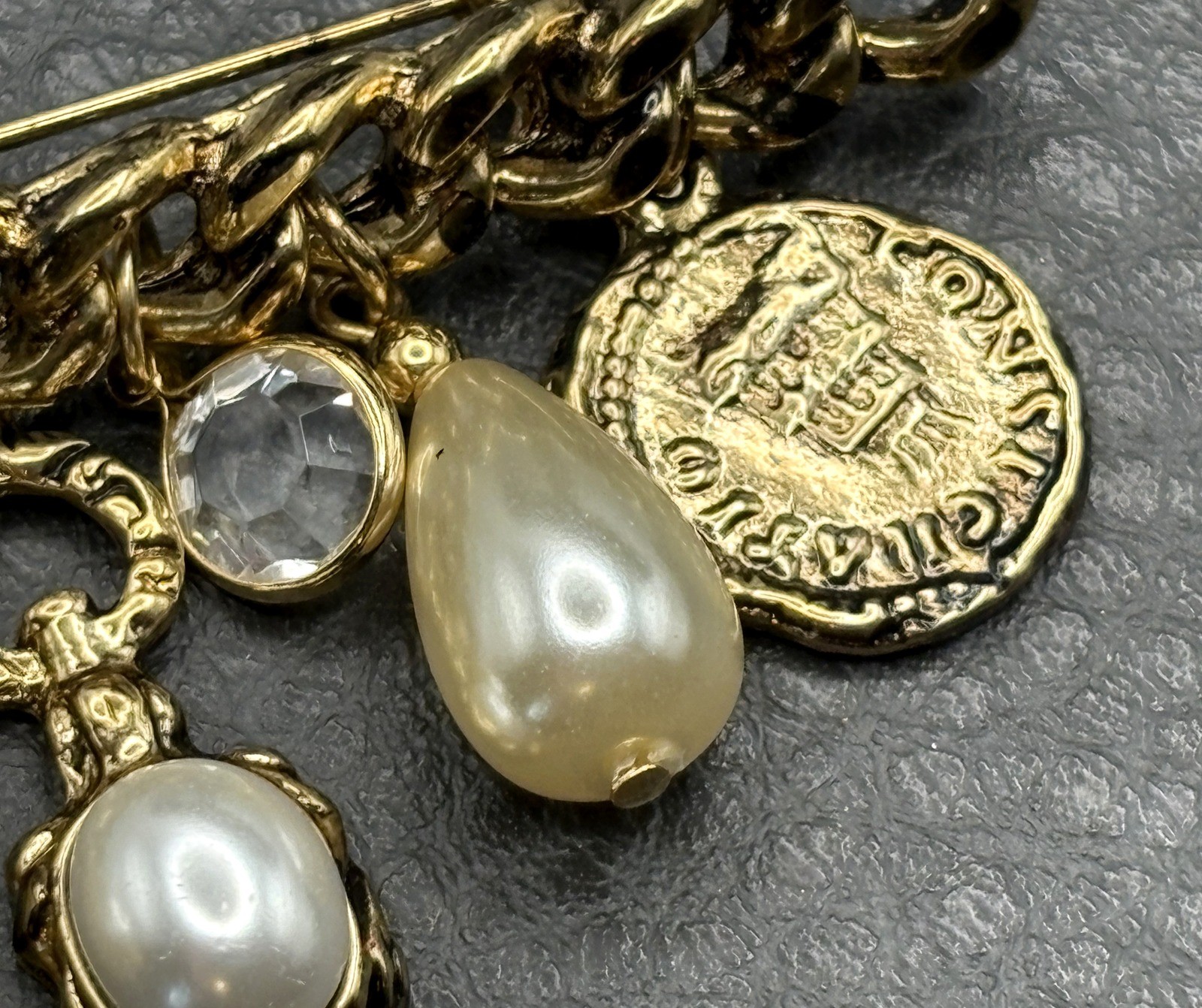Vintage Gold Tone Charm Brooch Pearl Crystal Stations Coin Medallion Dangles