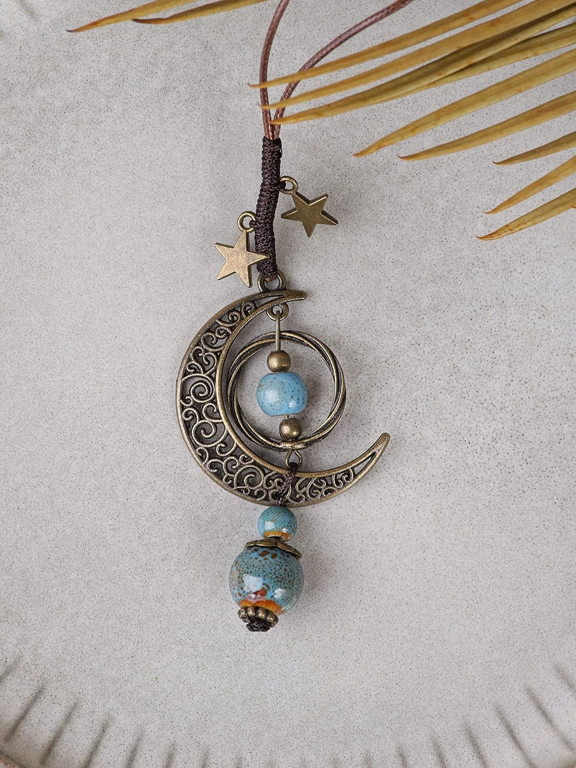 Bohemian Hippie Ceramic Beads Crescent Moon Lariat Necklace