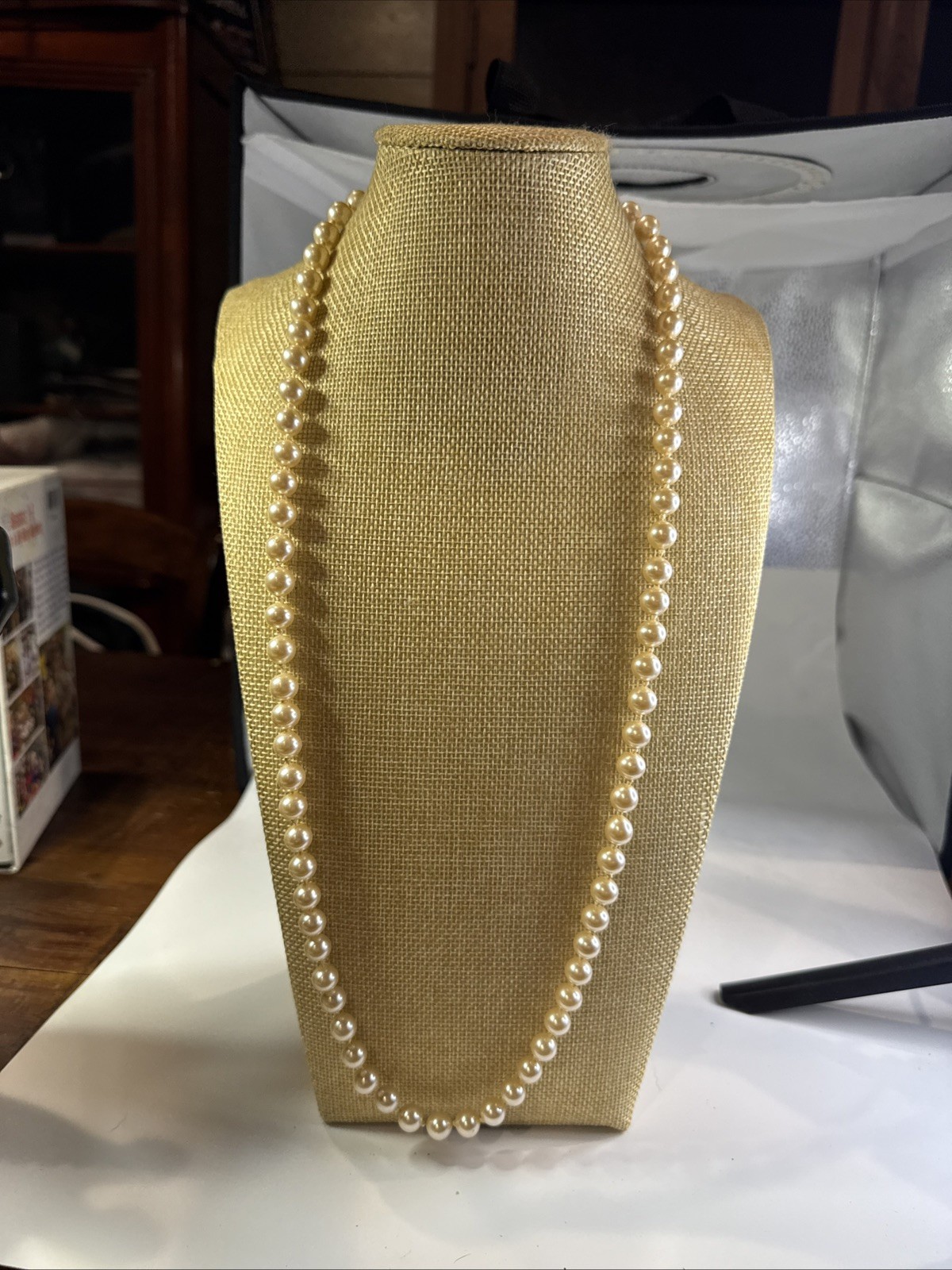 Vintage 30” Faux pearl glass individually knotted Necklace signed Japan