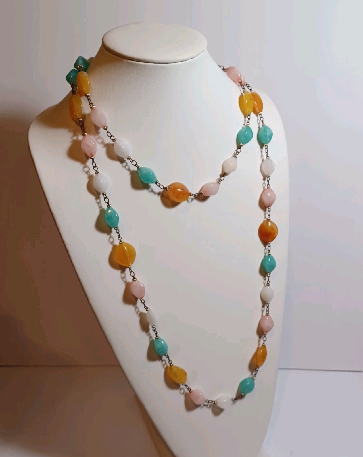 Pastel Marbled Plastic Resin Vtg Bead Chain Necklace 54in Pink, Mint, Amber, Wht