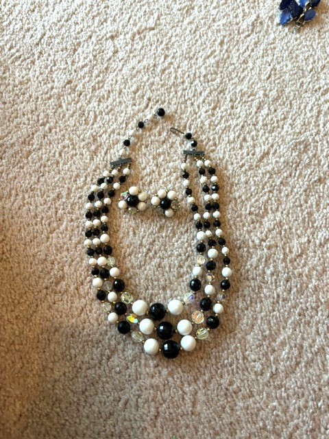 Multi-Strand Statement Necklace Black and White Beads with Clip On Earrings