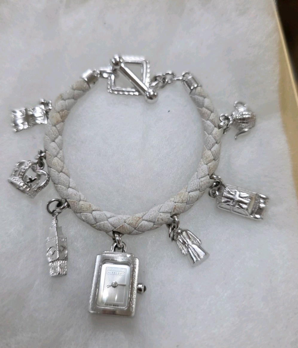 BURBERRY STERLING SILVER 925 CHARM WATCH BRACELET W/ 7 CHARMS