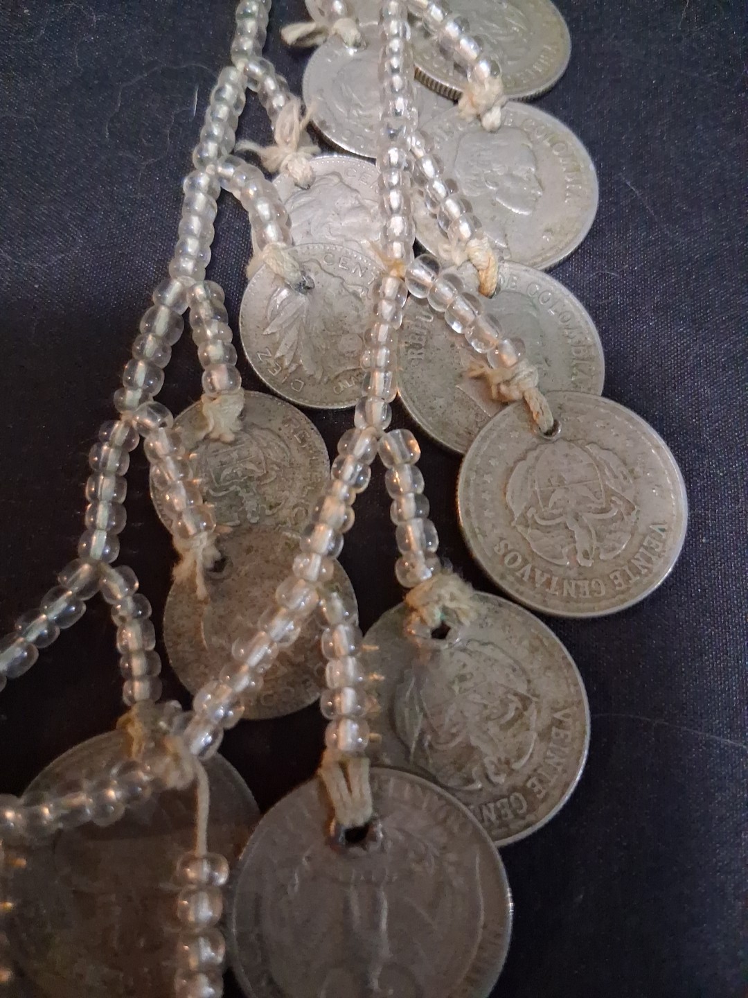 Coins From Around The World Necklace 1930s-60s Clear Beads String Custom Made