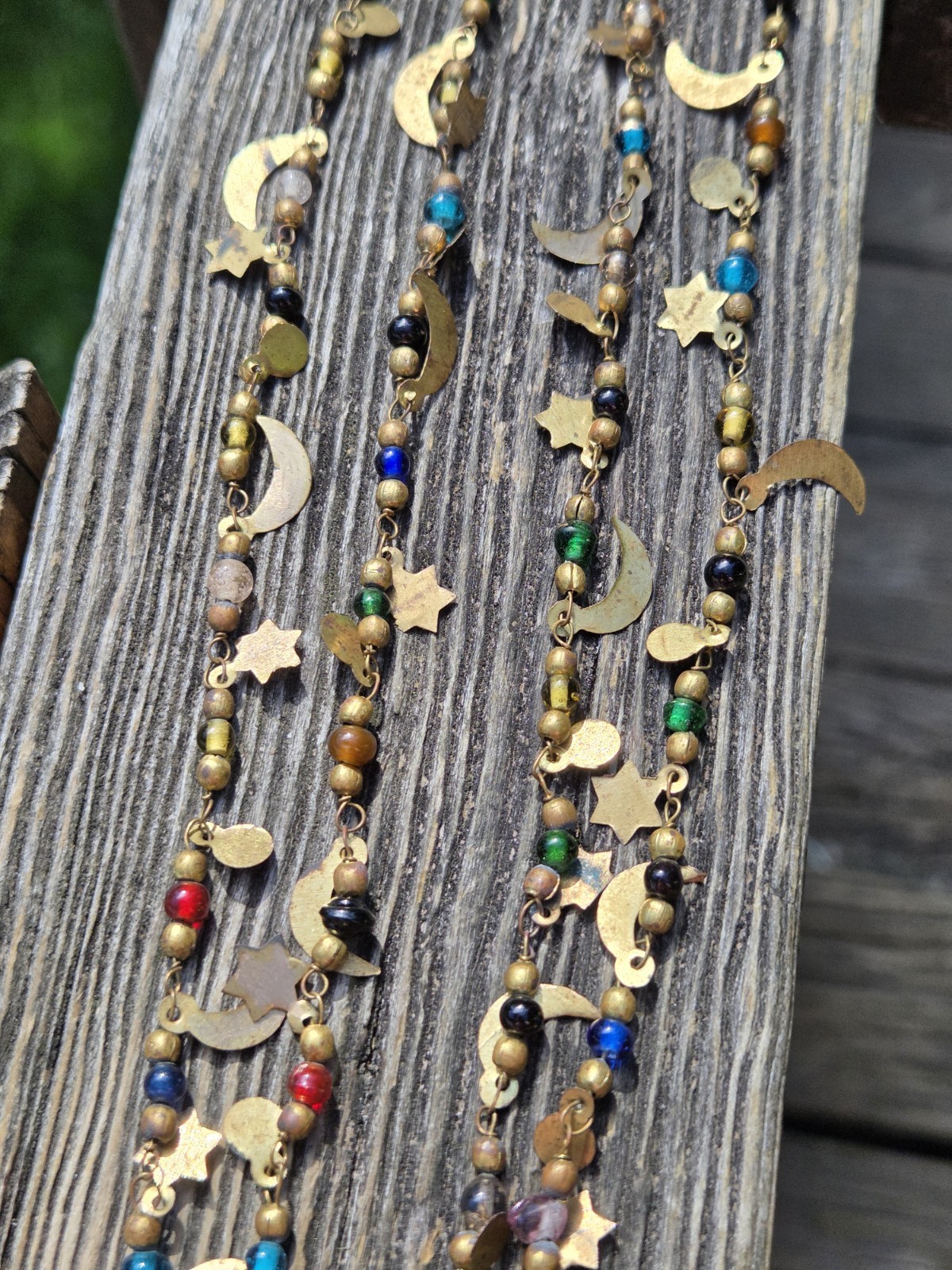 Vintage 70s Starlight Necklace Glass Beaded Celestial Stars Moon Long Brass