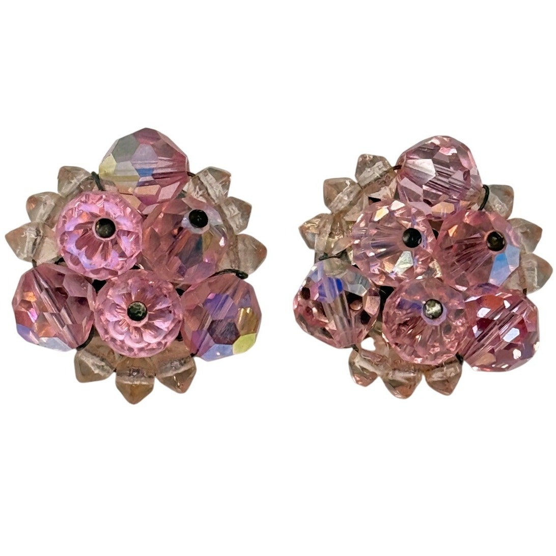 Vintage 1950s Pink Glass Bead Cluster Clip On Earrings Sparkle