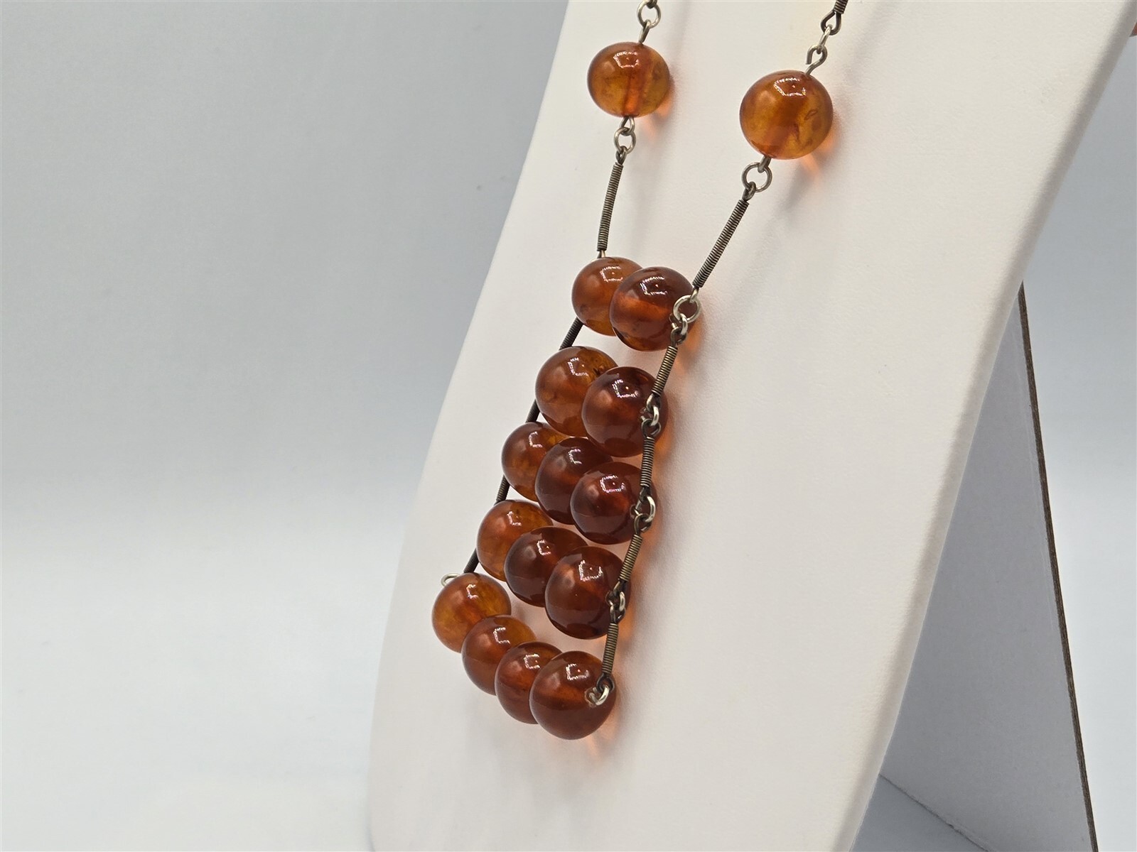 Amber Bead Modernist Necklace Silver Tone & 14 mm 30″