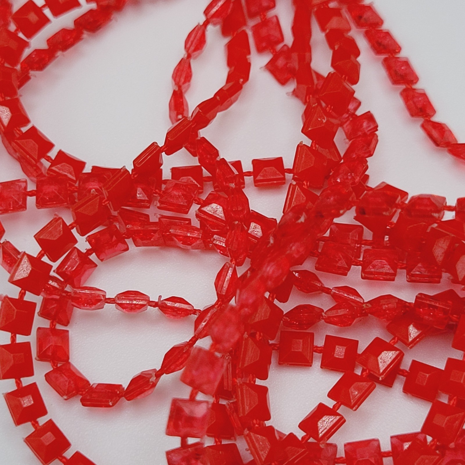 Vintage Red Multi Strand Plastic Square Beaded Solid & Clear Bead Necklace 48 In