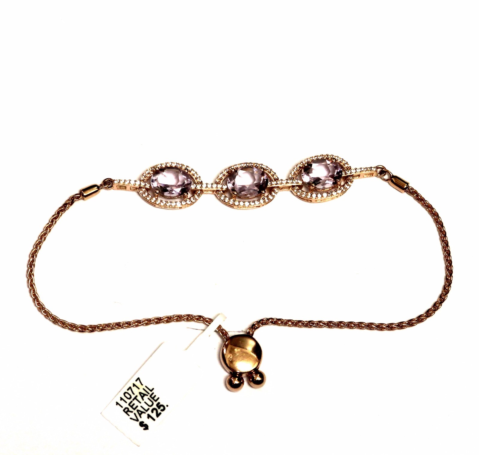 925 Silver 14k rose plated amethyst lab white sapphire bracelet 9.4g gemstone
